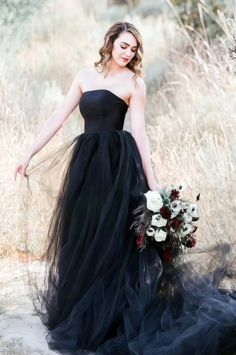 Schwarze Gothic Brautkleider A-Linie Ärmellos Mit Schleppe WD704