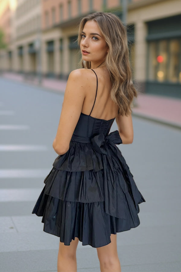 Schwarzes Satin-Homecoming-Kleid mit Trägern, A-Linie, kurzem Korsett und Schleife, PD543