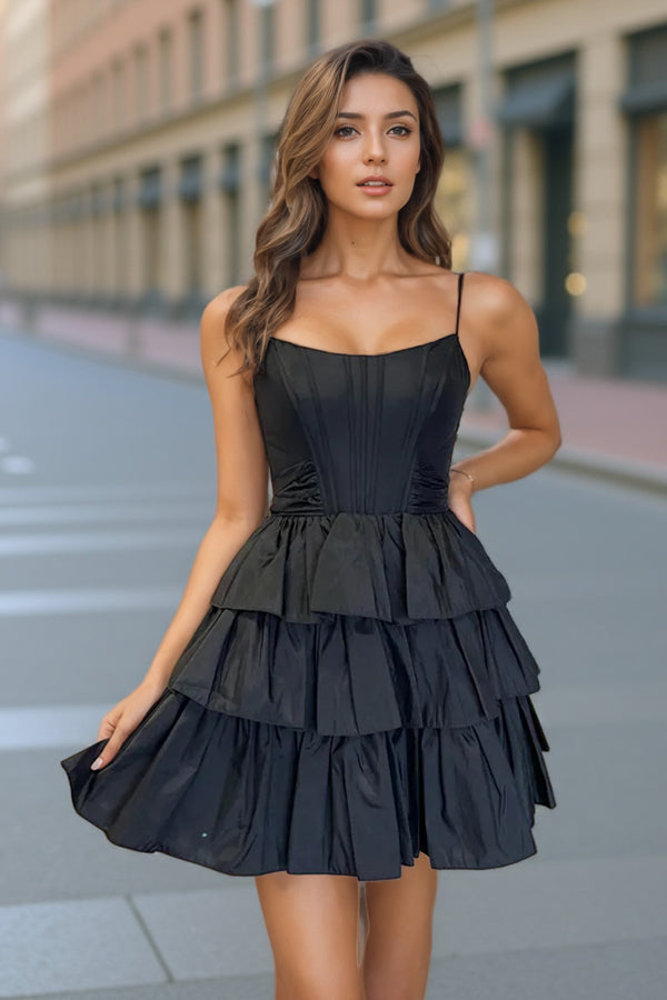Schwarzes Satin-Homecoming-Kleid mit Trägern, A-Linie, kurzem Korsett und Schleife, PD543