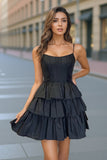 Black Straps Satin A-Line Short Corset Homecoming Dress With Bow PD543