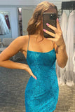 Blue Decorative Pattern Halter Lace Tight Homecoming Dress PD498-Pgmdress