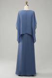 Draped Sleeves Beaded Chiffon Blue Long Mother of the Bride Dress-Pgmdress