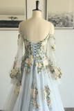 Blue Floral Lace Tulle Long Sleeves Boho Wedding Dress Bridal Gown-Pgmdress