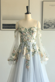 Blue Floral Lace Tulle Long Sleeves Boho Wedding Dress Bridal Gown-Pgmdress