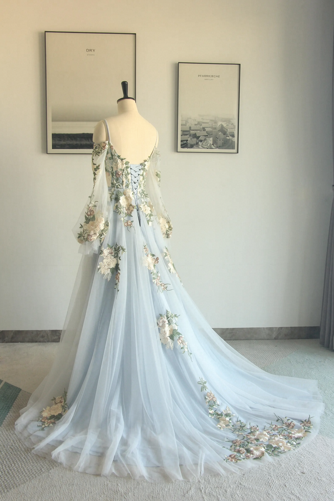 Blue Floral Lace Tulle Long Sleeves Boho Wedding Dress Bridal Gown US6 / Blue