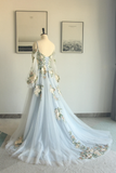 Blue Floral Lace Tulle Long Sleeves Boho Wedding Dress Bridal Gown-Pgmdress