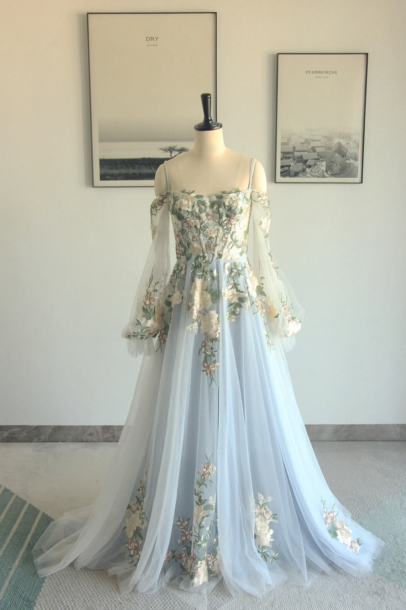 Blue Floral Lace Tulle Long Sleeves Boho Wedding Dress Bridal Gown-Pgmdress
