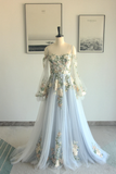 Blue Floral Lace Tulle Long Sleeves Boho Wedding Dress Bridal Gown-Pgmdress
