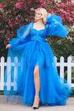 Blue Lace Applique Illusion Sleeves Tulle Long Prom Dress with Slit PSK468