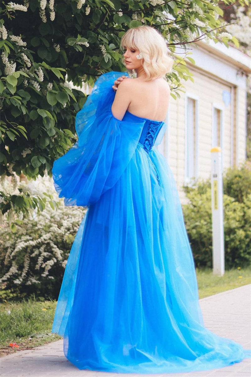 Blue Lace Applique Illusion Sleeves Tulle Long Prom Dress with Slit PSK468-Pgmdress