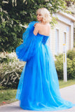 Blue Lace Applique Illusion Sleeves Tulle Long Prom Dress with Slit PSK468-Pgmdress