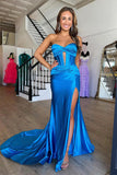 Blue Strapless Long Prom Dress Mermaid Satin Dress with Slit PSK531