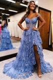 Blue Tulle Appliques Off-the-Shoulder Ruffle Long Prom Dress PSK478