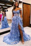 Blue Tulle Appliques Off-the-Shoulder Ruffle Long Prom Dress PSK478-Pgmdress