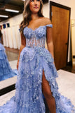Blue Tulle Appliques Off-the-Shoulder Ruffle Long Prom Dress PSK478-Pgmdress