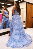 Blue Tulle Appliques Off-the-Shoulder Ruffle Long Prom Dress PSK478-Pgmdress