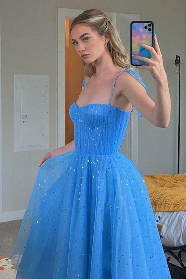 Blue Tulle Sequins Tea Length Prom Dress Party Dress Homecoming Dress PD430-Pgmdress