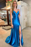 Blue V-Neck Mermaid Spaghetti Strap Long Prom Dress with Slit  PSK448