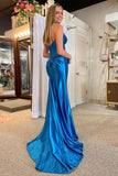Blue V-Neck Mermaid Spaghetti Strap Long Prom Dress with Slit  PSK448-Pgmdress