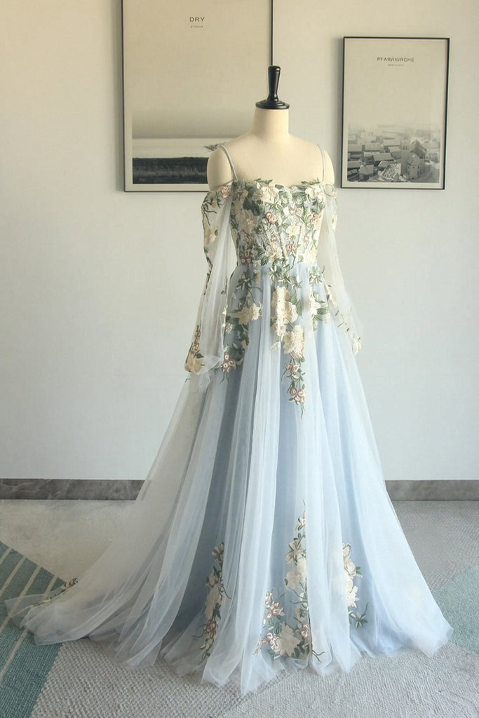 Blue Floral Lace Tulle Long Sleeves Boho Wedding Dress Bridal Gown US6 / Blue