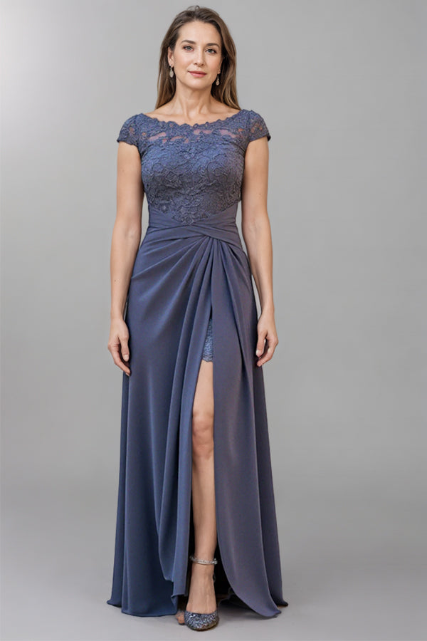 Boat Neck Grey Long Ruched Mother of the Bride Dress with Slit-Pgmdress