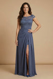 Boat Neck Twilight Long Ruched Mother of the Bride Dress with Slit