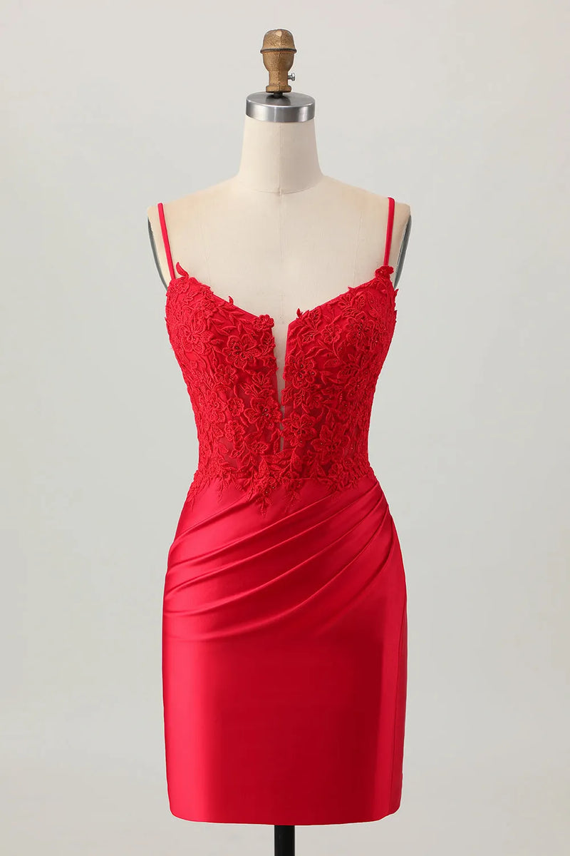 Bodycon Satin Ruched Short Corset Red Homecoming Dress with Lace-Pgmdress
