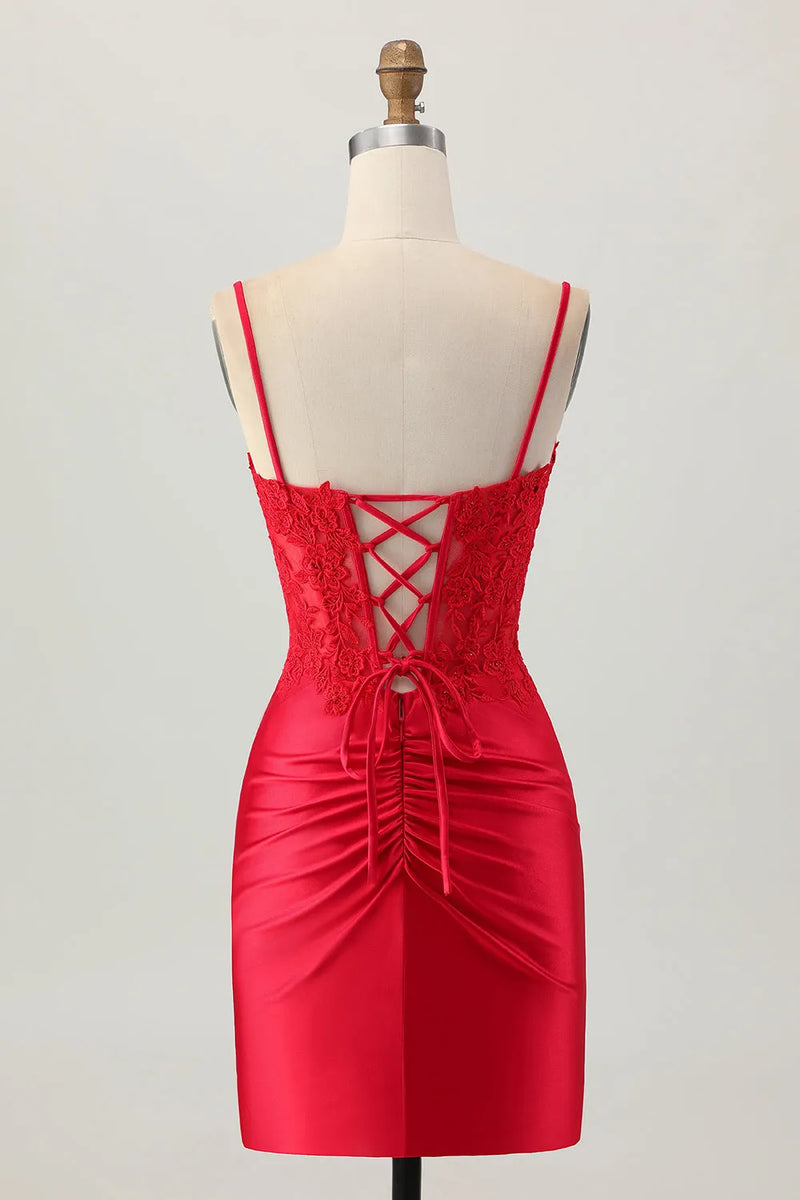 Bodycon Satin Ruched Short Corset Red Homecoming Dress with Lace-Pgmdress