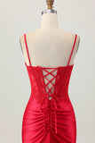 Bodycon Satin Ruched Short Corset Red Homecoming Dress with Lace-Pgmdress