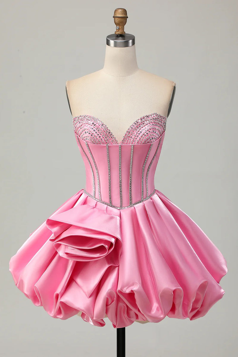 Bodycon Sweetheart Satin Corset Pink Homecoming Dress with Beading-Pgmdress
