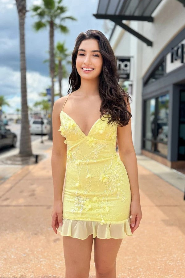 Bodycon V Neck Yellow Flowers Homecoming Dress Party Dress-Pgmdress