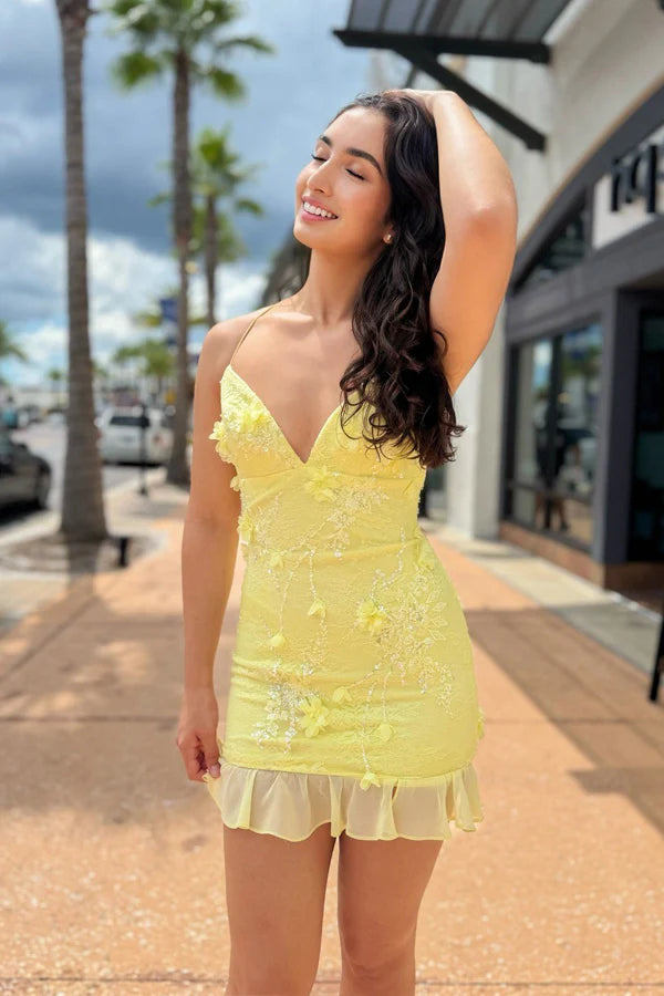Bodycon V Neck Yellow Flowers Homecoming Dress Party Dress-Pgmdress