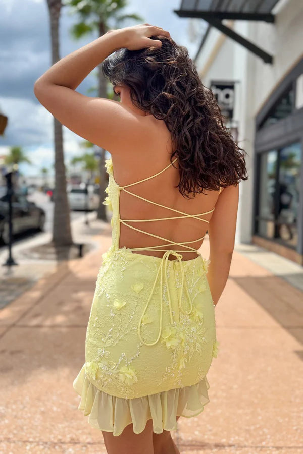 Bodycon V Neck Yellow Flowers Homecoming Dress Party Dress US18 / Yellow Bodycon V Neck Yellow Flowers Homecoming Dress Party Dress US18 / Yellow