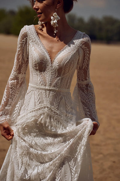 Bohemia Vintage Flare Sleeves Wedding Dress Beach Bridal Gown US12 / White