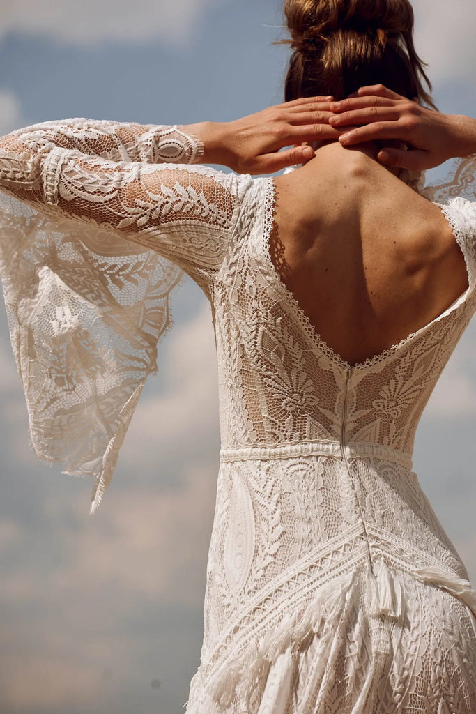 Bohemia Vintage Flare Sleeves Wedding Dress Beach Bridal Gown US12 / White Bohemia Vintage Flare Sleeves Wedding Dress Beach Bridal Gown US12 / White