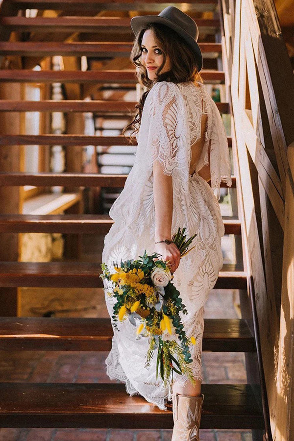 Bohemian A-line Lace Beach Wedding Dress Bridal Gown with Sleeves-Pgmdress