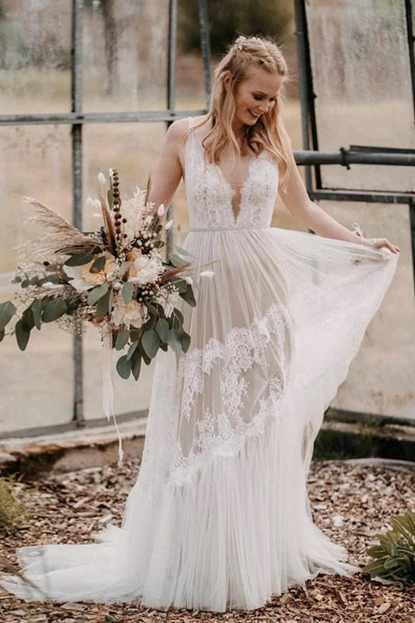 Bohemian Wedding Dress A-line V-Neck Lace Rustic Bridal Gown-Pgmdress