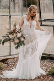 Robe de mariée bohème trapèze, col en V, dentelle, robe de mariée rustique