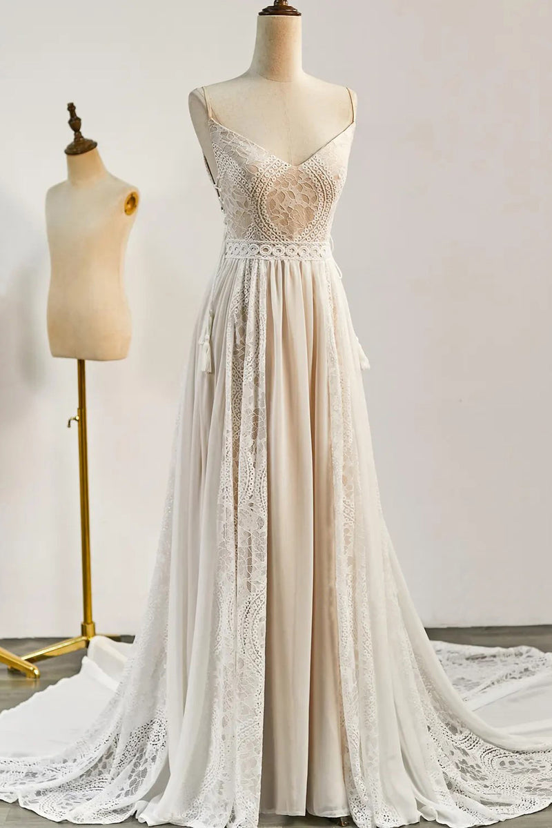 Bohemian Wedding Dresses Lace V Neck Long Beach Bridal Gown-Pgmdress