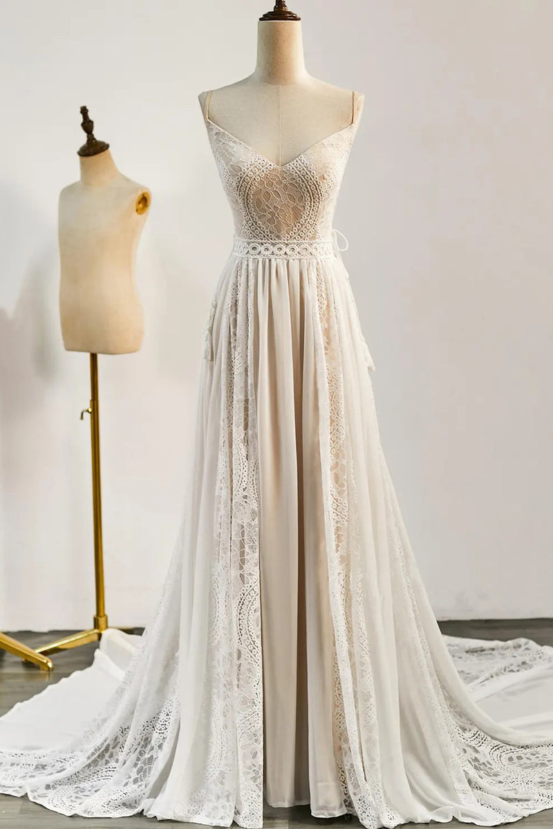 Bohemian Wedding Dresses Lace V Neck Long Beach Bridal Gown-Pgmdress