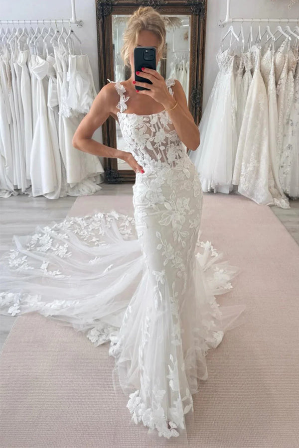 Boho Mermaid Scoop Neck Lace Wedding Dress With Court Train-Pgmdress