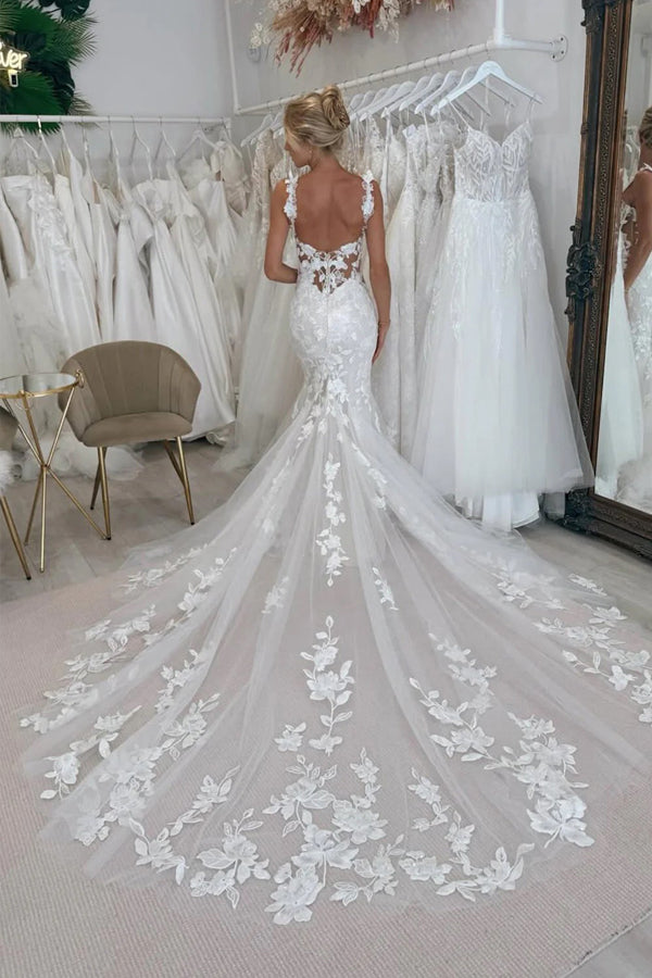 Boho Mermaid Scoop Neck Lace Wedding Dress With Court Train-Pgmdress