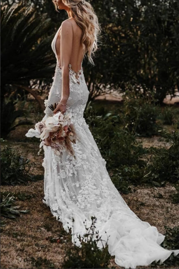 Boho Mermaid Wedding Dresses Backless Tulle Lace Appliques Bridal