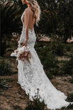 Boho Mermaid Wedding Dress Flower Appliques Deep V Neck Bridal Gown WD637