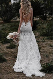 Boho Mermaid Wedding Dress Flower Appliques Deep V Neck Bridal Gown WD637