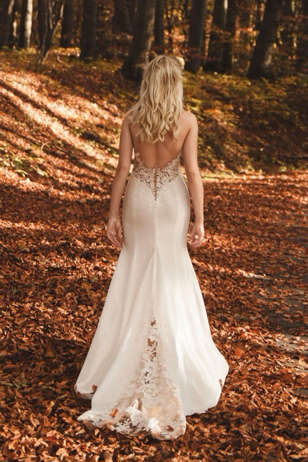 Boho Lace Mermaid Wedding Dress Split Elopement Wedding Dress-Pgmdress