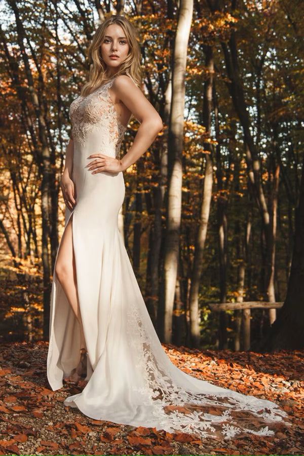 Boho Lace Mermaid Wedding Dress Split Elopement Wedding Dress-Pgmdress