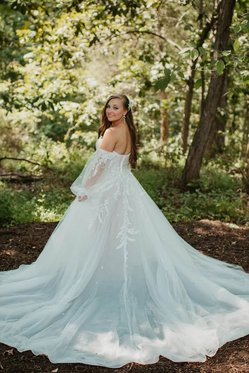 Boho Off the Shoulder Long Sleeves Tulle Long Wedding Dress-Pgmdress