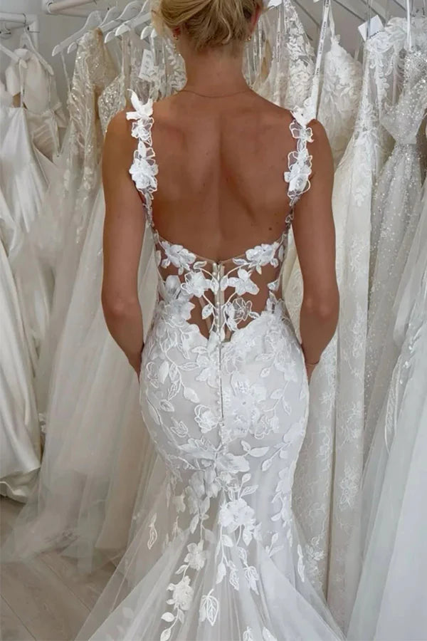 Boho Mermaid Scoop Neck Lace Wedding Dress With Court Train-Pgmdress