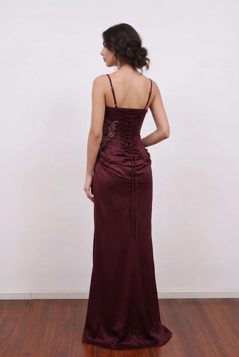 Burgundy Prom Dress Corset Back Mermaid Satin Formal Party Maxi Gown-Pgmdress